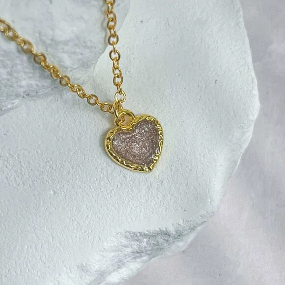 3/$20 14k Gold Bronze Glitter Resin Heart Handmade Charm Pendant Necklace - Picture 5 of 7
